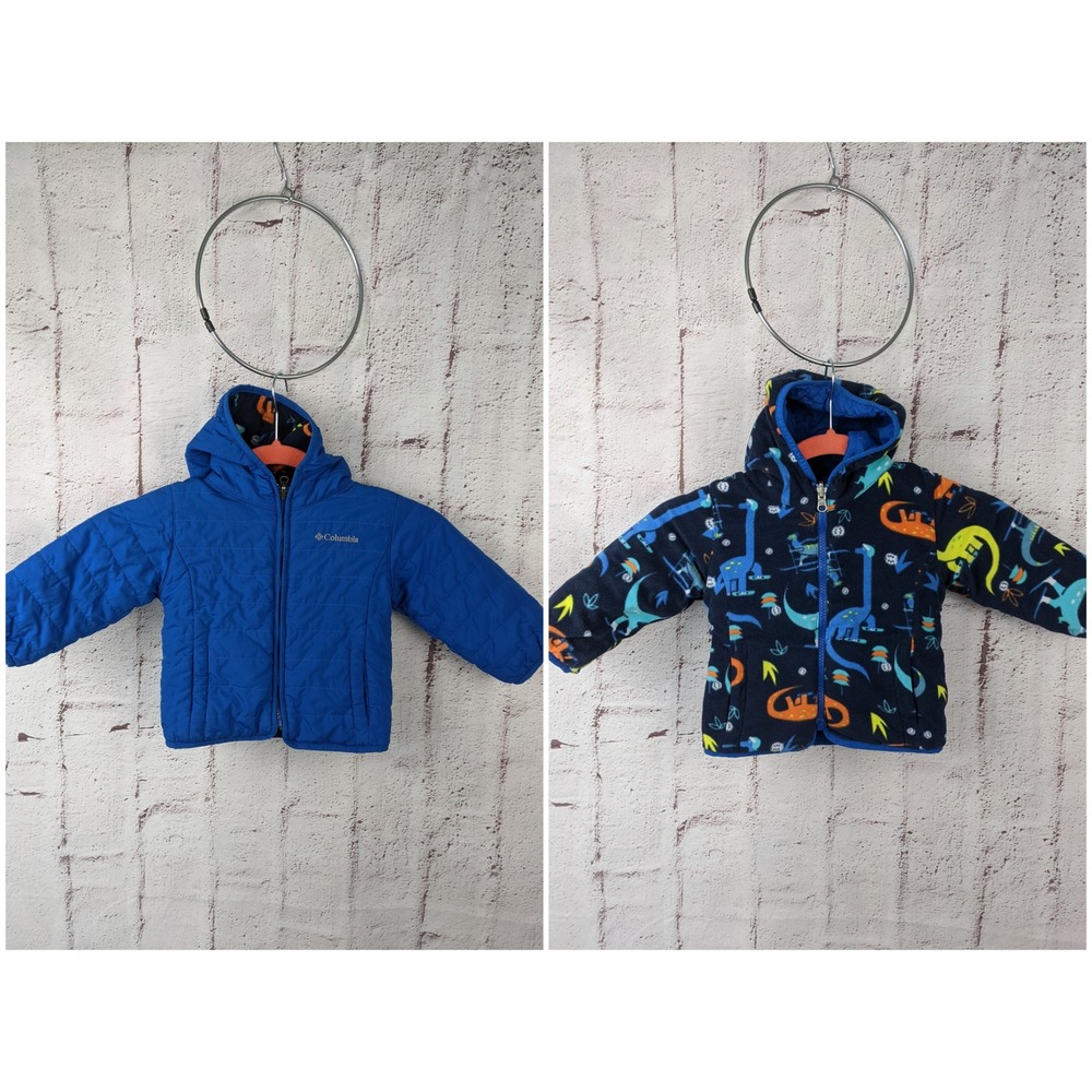 Columbia Kids Reversible Puffer Jacket 2T Blue Quilted Dinosaur Fleece SC5505